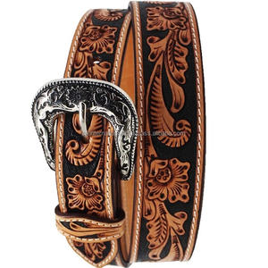 Export Quality Hand Embossed Floral Tooled Western Leather Cowboy Belt Custom Design <b>Men's</b> Fashion Western Leather Tooling Belt - Product Image 3