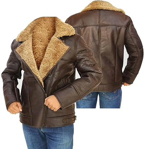 Brown Genuine <b>Leather</b> Moto Jacket <b>With</b> <b>Fur</b> Trim Zipper Closure Winter Warm Casual Outerwear - Product Image 6