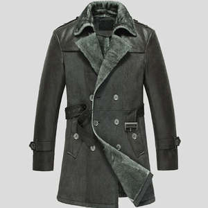 Men's Double Breasted Leather Trench <b>Coat</b> With <b>Faux</b> <b>Fur</b> Lining Turn-down Collar Windproof Winter Long Jacket Casual Style - Product Image 1