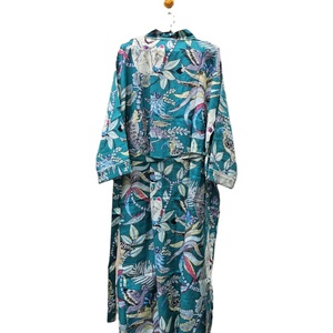 Peignoir Kimono en Voile de Coton 100% Élégant Femme Vert Imprimé Floral Décontracté Eté Vêtements de Plage Beige Taille Élastique Thermique Lisse - Product Image 6