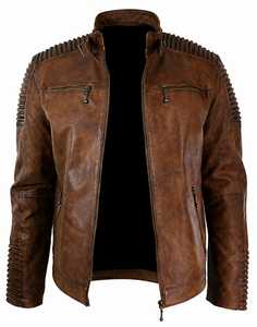 Veste de moto en cuir véritable marron pour homme de qualité supérieure, fermeture éclair, coupe ajustée, pour l'automne - Product Image 1