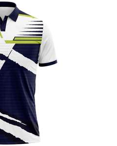 เสื้อโปโลผู้ชายสีน้ำเงินกรมท่าและสีขาว แขนสั้น ลายเรขาคณิต ผ้าโพลีเอสเตอร์ระบายอากาศได้ดี เหมาะสำหรับกีฬากอล์ฟ ลำลอง และฝึกซ้อม - Product Image 4