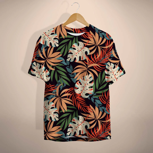 Camiseta estampada para hombre de estilo hawaiano con diseño de rayas florales, tela suave y transpirable para salidas tropicales de verano. - Product Image 1