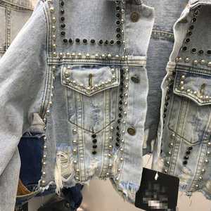 Veste en jean pour femme ornée de strass, qualité supérieure, prix abordable, coupe courte, effet vieilli, ourlet brut - Product Image 3