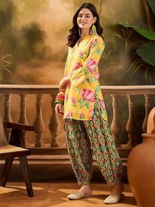 Women's Ethnic <b>Linen</b> Kurta Set Short Kurti with Comfortable Farshi Pants - Product Image 3