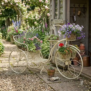 <b>Vintage</b> Wrought Iron Bicycle <b>Plant</b> <b>Stand</b> 1-Tier Eco-Friendly Circular Epoxy Coated Metal Flower Pot Holder Outdoor Garden - Product Image 2