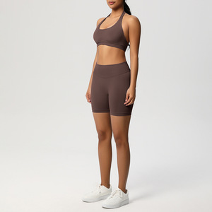 Ensemble soutien-gorge de sport dos nu côtelé sans couture pour femme, soutien moyen, respirant, séchage rapide, couleur unie, avec short taille haute pour yoga et fitness - Product Image 5