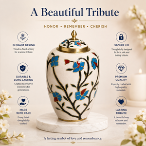 Urna Funeraria Blanca con Flores Hecha a Mano para Cenizas Humanas - Elegante Recuerdo Conmemorativo de Metal con Flores de Esmalte Coloridas - Product Image 5