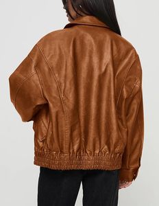 Women's Brown PU Leather Bomber Jacket Full Sleeve <b>Zipper</b> Closure Stand Collar Waterproof Polyester Wadding Autumn Style - Product Image 2