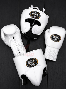 Ensemble de sparring personnalisé « No Boxing No Life » – Couleur blanche, haute qualité, protège-tête et protège-glandes en cuir véritable - Product Image 1