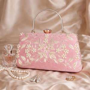 Elegant Jewelry Beaded Embroidery pink and goldan Shoulder Bag With <b>Top</b> Trendy Handmade Fancy Touch packaging - Product Image 1