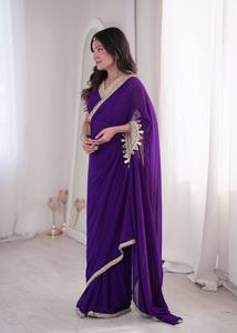 White Space Silk Saree <b>Red</b> Dual Sequence Cording Embroidery Banglori Silk <b>Blouse</b>-Party Wear Stretchable Wrinkle-Free - Product Image 2