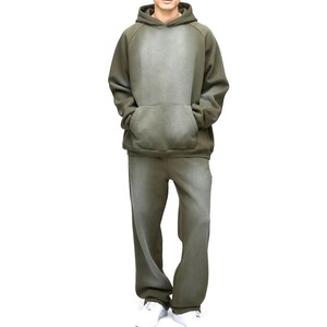 Ensemble de survêtement unisexe vert olive à capuche, coupe ample, couleur unie, 100 % coton, pour l'automne - Product Image 1