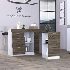 Isola da cucina convertibile alloro 3 cassetti a forma di noce bianca e scura a forma di L - Product Image 2