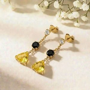 Lemon Quartz Trillion Cut & Black Obsidian Drop <b>Earrings</b> With CZ Accent Minimalist Stud <b>Dangle</b> Handmade 925 Sterling <b>Silver</b> - Product Image 5