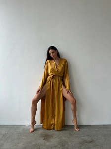Mustard Gold Satin Kimono Maxi Robe Dress Wide Sleeves Deep V-Neck Adjustable Tie Natural Waist Washable Luxury Resort <b>Beach</b> - Product Image 3