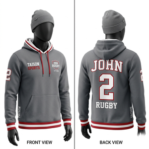 Sweat à capuche de rugby en molleton de coton et polyester 320 GSM de qualité supérieure, gris et rouge, avec logo brodé sur la poitrine et imprimé au dos, vêtements de sport personnalisés - Product Image 1