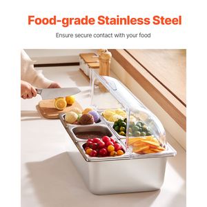 Vassoio di Servizio a 6 Scomparti in Acciaio Inox, Contenitore per Esposizione Alimenti con Dispenser per Condimenti e Espositore per Buffet - Product Image 2