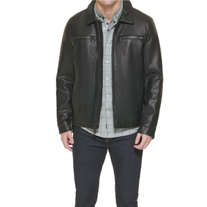 Veste moto en cuir véritable pour homme, col rabattu, fermeture éclair, coupe classique, vêtement d'automne, couleur unie, doublure en coton - Product Image 2