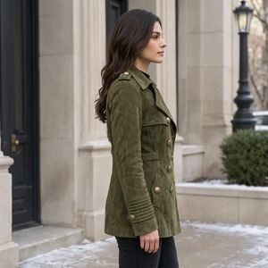 <b>Women</b>’s Olive Green Leather <b>Jacket</b>, Style Double Breasted <b>Suede</b> Coat - Product Image 4