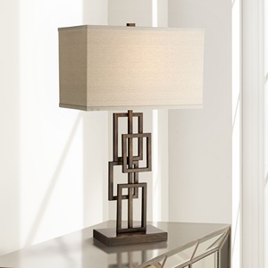 New design Geometric Bronze <b>Table</b> <b>Lamp</b> Luxury Rectangular Metal <b>Base</b> Linen Fabric Shade Elegant Bedside Nightstand Light - Product Image 5