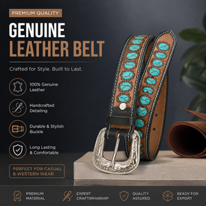 Cinturón de Cuero Occidental Premium para Hombre, con Incrustaciones de Piedras Turquesa y Hebilla Grabada, para Uso Casual - Product Image 5