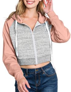 Sweat à capuche zippé à manches raglan contrastées pour femmes avec logo avant Vêtements d'hiver à manches longues avec capuche courte et poche - Product Image 1