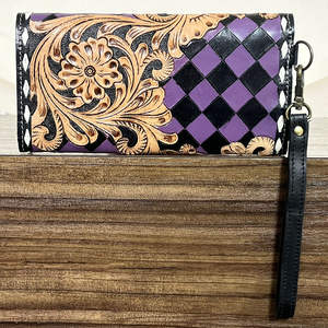 Portefeuille pour femme en cuir de vachette fait main, motif floral sculpté et à carreaux, élégant, pour usage quotidien – Achat en gros usine OEM/ODM - Product Image 5