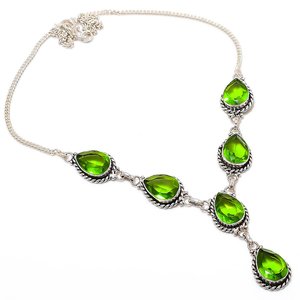 Vintage <b>Statement</b> <b>Necklace</b> Women's Green Cubic Zirconia Pear Cut Antique Silver Plated Zinc Alloy Snake Chain Party Jewelry - Product Image 2
