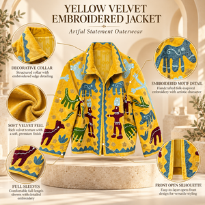 Chaqueta de terciopelo amarillo mostaza con bordado Suzani y motivos de arte folclórico tribal | Prenda Exterior Bohemia de Frente Abierto con Cuello Decorativo - Product Image 5