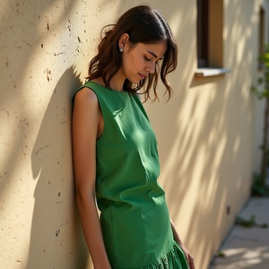 Mini vestido floral sin mangas LaserCut con escote redondo ALine silueta ojal encaje y dobladillo festoneado con volantes algodón verde - Product Image 3