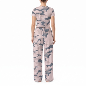 Women's Camouflage <b>V</b> Neck Short Sleeve Crop Top With Drawstring Pants Loose <b>Fit</b> Casual Summer Tracksuit Full Length Breathable - Product Image 2