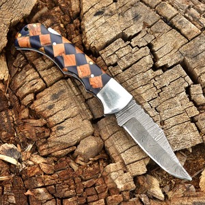 Couteau pliant en acier Damas Viking Art FH-10, manche en bois et résine, fait main, pointe tombante, 8,5 pouces, étui en cuir, DIY OEM, extérieur, EDC - Product Image 2