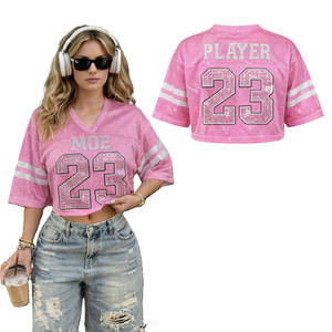 Camiseta Corta de Fútbol Americano para Mujer con Pedrería, Cuello en V, Estilo Urbano, Estampado de Número, Transpirable, de Poliéster, Producción OEM - Product Image 1