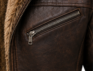 Veste en cuir véritable marron pour homme avec doublure en fausse fourrure, fermeture éclair, style motard, vêtement d'hiver - Product Image 3