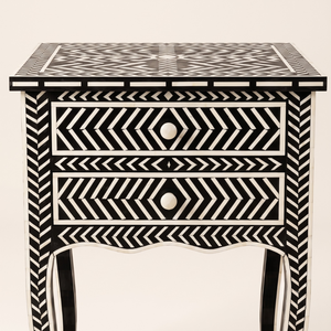 Bone Inlay <b>Black</b> Nightstand 2 <b>Drawer</b> <b>Bedside</b> Table Chevron Stripes Pattern Bedroom Storage Furniture - Product Image 4