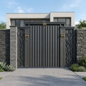 Portail coulissant moderne en métal noir avec panneaux latéraux décoratifs découpés au laser – Portail d'entrée extérieur haut de gamme pour maison et villa - Product Image 3