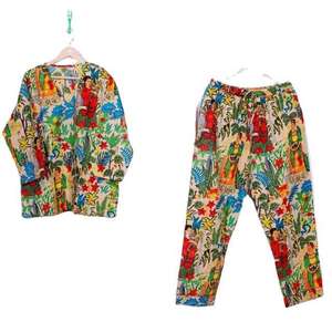 Ensemble de pyjama en satin 100 % coton à col en V, taille élastique, doux, boutonné, manches longues, imprimé à la main avec lettres, décontracté, automne 2026 - Product Image 3