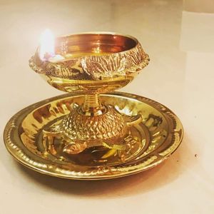 Antique Style Brass <b>Oil</b> <b>Lamp</b> Pair with Detailed Back Design, Multi Diya Stand for Puja Room, Temple Decor and Festival Use - Product Image 1