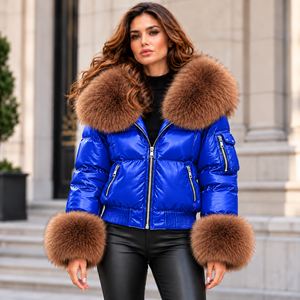 <b>Women</b> Premium <b>Leather</b> <b>Bomber</b> <b>Jacket</b> with Fluffy Fur Collar Zip Closure and Ribbed Hem Winter Coat - Product Image 1