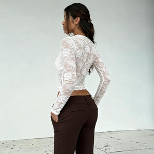 Top Corto de Encaje Blanco para Mujer, Cuello en V, Manga Corta, Estampado Floral, Ajustado, Sexy, para Club, Transparente, de Poliéster - Product Image 5
