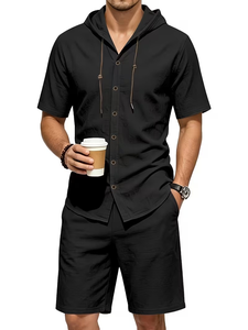 Men Solid Black Hooded Button-Up Shirt Set Short Sleeve Knitted Breathable Polyester/Cotton Quick Dry Casual Summer Outfit - Product Image 6