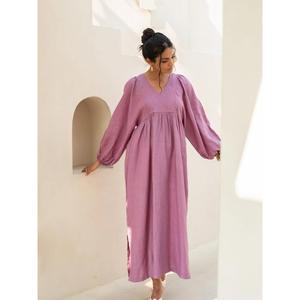 Vestido maxi bohemio vintage de algodón y lino, manga larga, corte holgado, estilo fluido, minimalista, para verano, para mujer. - Product Image 3