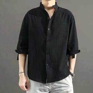 เสื้อเชิ้ตผู้ชายสีดำ คอจีน แขนสามส่วน ผ้าฝ้ายป๊อปลิน สีพื้น ระบายอากาศได้ดี เหมาะสำหรับใส่ในฤดูร้อน - Product Image 1