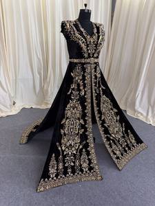 Elegante Vestido Caftán Negro de Terciopelo para Mujer, Largo hasta el Suelo, Bordado, para Fiesta de Noche o Boda, con Motivo de Estrellas con Cuentas - Product Image 1