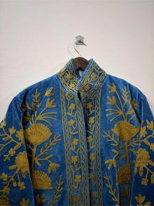 <b>Women</b> Blue <b>Velvet</b> Embroidered Suzani <b>Jacket</b> With Floral Pattern Full Sleeve Stand Collar Handmade Bohemian Autumn Coat - Product Image 2