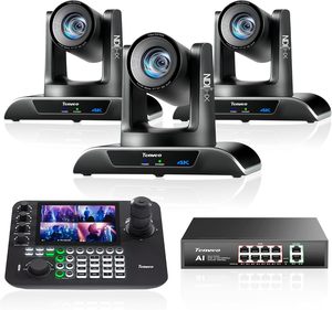 Caméra PTZ Tenveo 4K 20X NDI avec suivi IA (3 pièces) & contrôleur joystick à écran LCD 7 pouces & commutateur PoE 8 ports pour diffusion en direct - Product Image 1