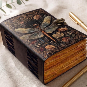 Carnet en cuir Libellule fait main, motif botanique floral, avec fermoir antique, pour écriture, cadeau pour les amateurs de jardin et de nature - Product Image 6