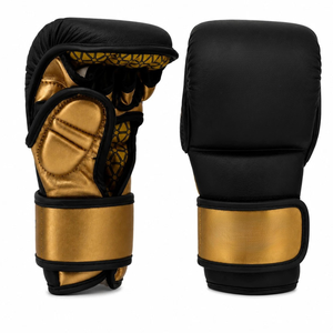 Gants de boxe noirs et dorés avec fermeture Velcro pour adultes, entraînement d'arts martiaux, design demi-doigts - Product Image 1