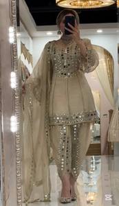 <b>Women</b> Cream Mirror Work Silk Kurta Palazzo Dupatta <b>3</b> <b>Piece</b> Set Traditional Salwar <b>Suit</b> for Wedding - Product Image 2